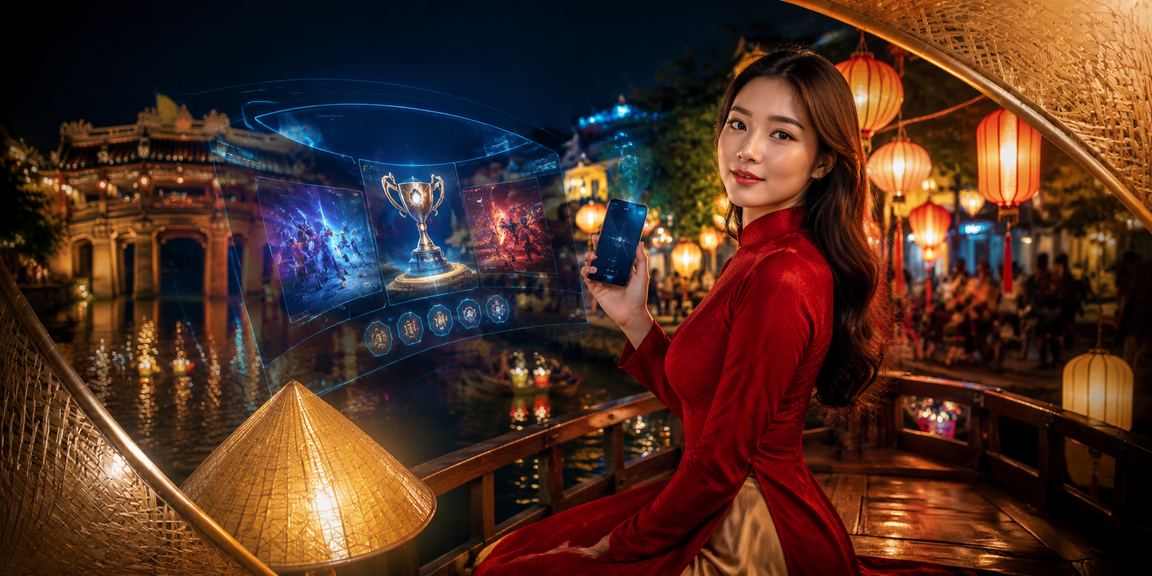 Người mặc áo dài xem kèo esports và cá cược trực tuyến tại Hội An